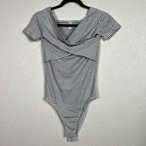SOLY HUX Women's Medium Black and White Striped Criss Cross Wrap Bodysuit
